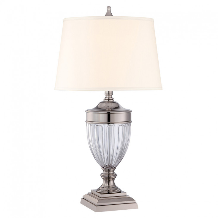 Lampada da tavolo classica struttura in vetro e acciaio e paralume in tessuto