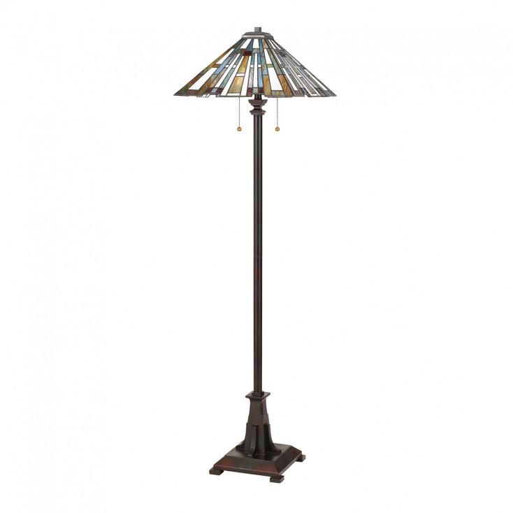 Lampada da terra a 2 luci con struttura in acciaio e paralume in vetro