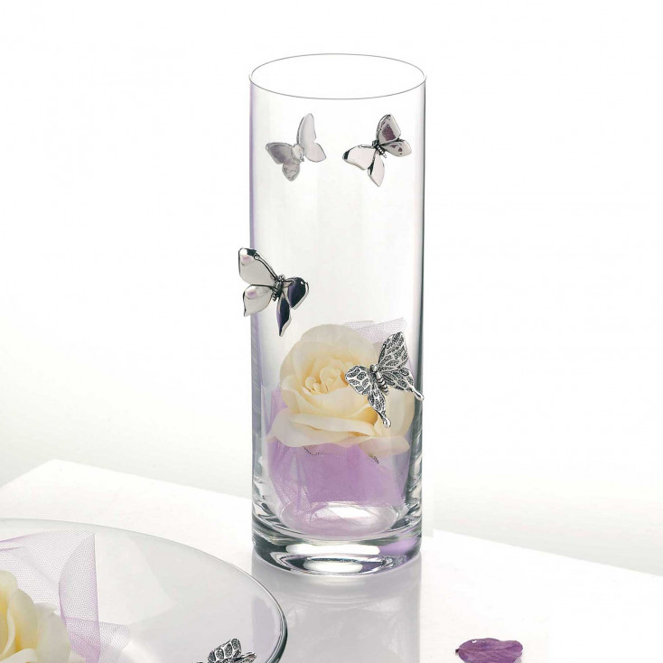 Vaso in vetro trasparente con farfalle in argento in stile moderno