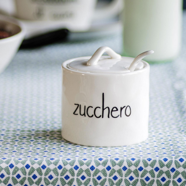 Zuccheriera con coperchio e cucchiaino in ceramica