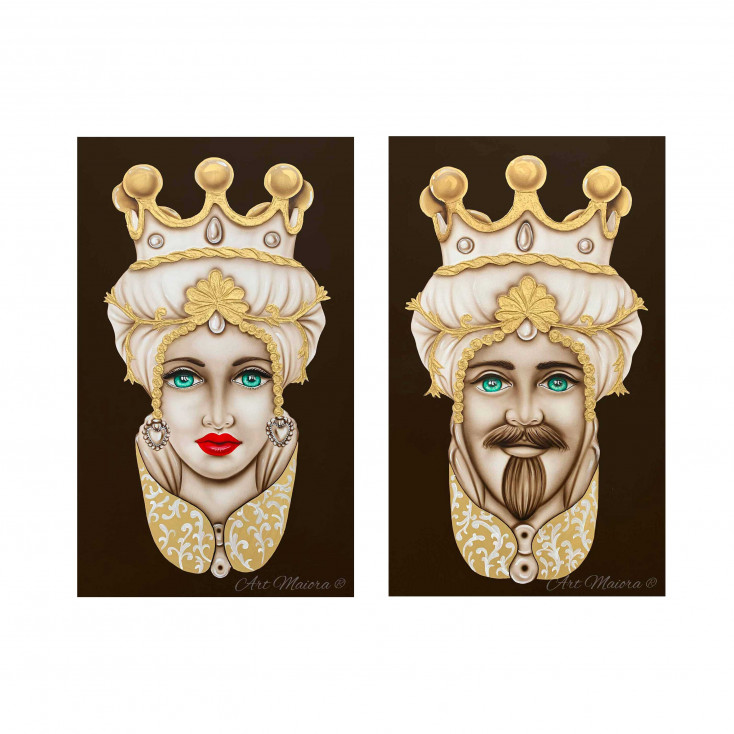 Quadro dipinto a mano su tela "Teste di moro crown" 110x65 set 2pz