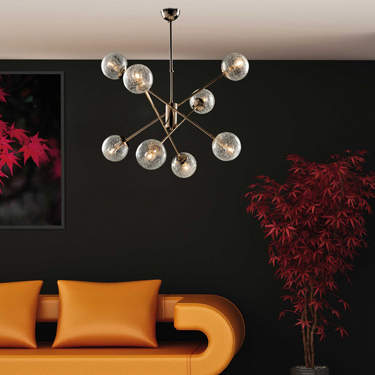 Lampadario in metallo cromo lucido con sfere in vetro soffiato trasparente