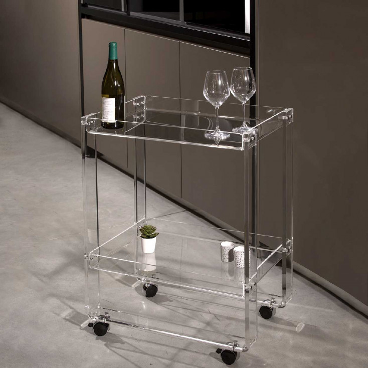 Carrello per cucina o salone a due ripiani con ruote in plexiglass