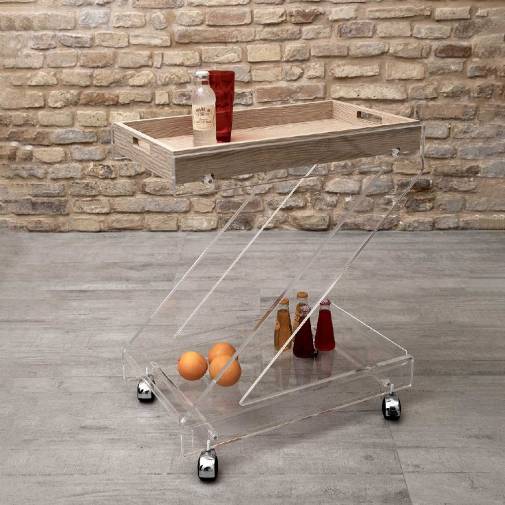Carrello portavivande in plexiglass con ruote e vassoio separabile in legno