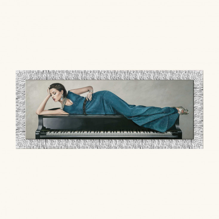 Stampa figurativa contemporanea con cornice argentata decori glitterati 153x63