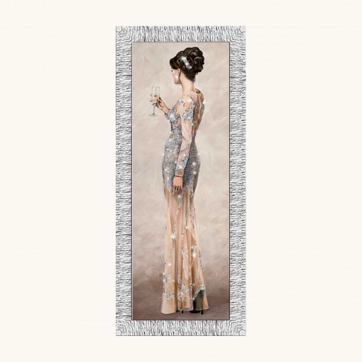 Stampa figurativa con cornice argentata decori con glitter e strass 56x136