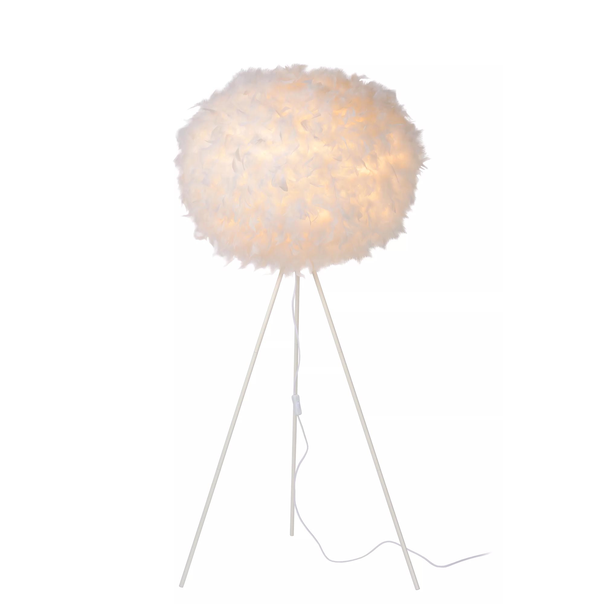 Lampada Da Terra In Piuma Naturale Con Cristalli K9 - Altezza 150 Cm, Paralume 45 Cm - Bianca, Interruttore A Pedale Per Soggiorno E Camera Da Letto