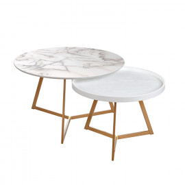  L'Oca Nera - Fashion - Set 2 pezzi tavolini da salotto con gambe in legno e piano in metallo - Colore: Oro - SKU: 1J175 