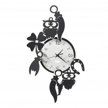 Arti e Mestieri Orologio da parete in metallo moderno con cornetti, gufi e quadrifogli Good Luck