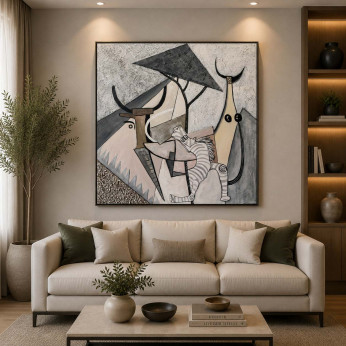 Agave Quadro figurativo contemporaneo con cornice dipinto a mano "Savana" 120x120
