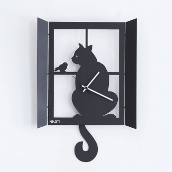 Arti e Mestieri Orologio da parete a pendolo in metallo dal design moderno Gatto alla finestra