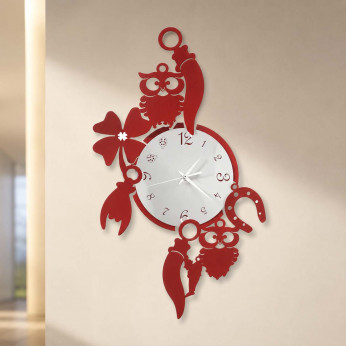 Arti e Mestieri Orologio da parete in metallo moderno con cornetti, gufi e quadrifogli Good Luck