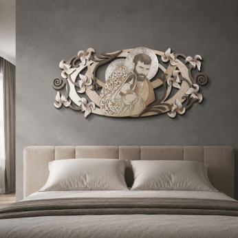 Artitalia Capezzale in rilievo la sacra famiglia e dettagli in legno foglia argento 155x65 
