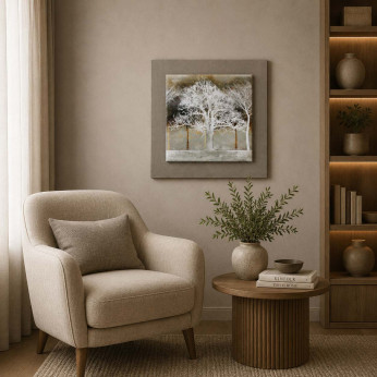 Artitalia Quadretto moderno paesaggio in legno in rilievo con dettagli in argento 35x35