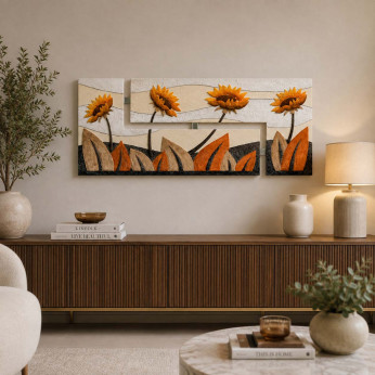 Artitalia Quadro in legno floreale con decori materici e dettagli foglia argento 155x65