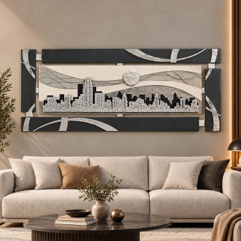 Artitalia Quadro su legno in rilievo con skyline con glitter e foglia argento 150x65