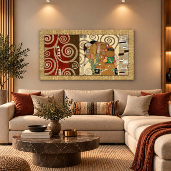 Artitalia Stampa con cornice in legno decori materici e glitter "l'abbraccio" 116x66 Klimt