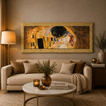 Artitalia Stampa cornice in legno dorata dettagli materici glitterati "il Bacio" 154x64 Klimt