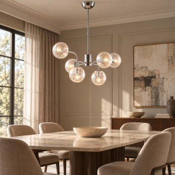 Bonetti Illumina Lampadario moderno in metallo cromo lucido 6 luci con sfere in vetro soffiato Ikarus