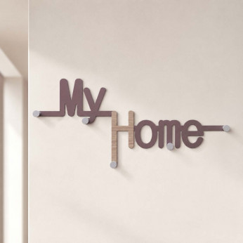 CalleaDesign Appendiabiti da ingresso in legno con 5 ganci in alluminio e scritta MyHome