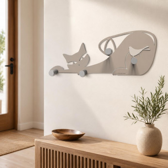CalleaDesign Attaccapanni a parete particolare in legno con gattino e uccellino con 4 ganci Gatto