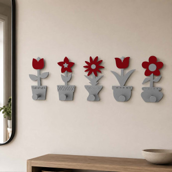 CalleaDesign Appendiabiti da parete moderno in legno con vasi e piantine con 5 ganci Fiorello