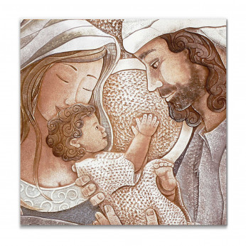 Cartapietra Capezzale quadrato sacra famiglia con bassorilievo dipinto a mano retro in legno Dono