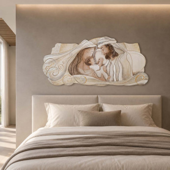 Cartapietra Capezzale quadro sacra famiglia su bassorilievo dipinto a mano retro in legno Dono