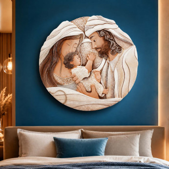 Cartapietra Capezzale rotondo sacra famiglia con bassorilievo dipinto a mano retro in legno Dono
