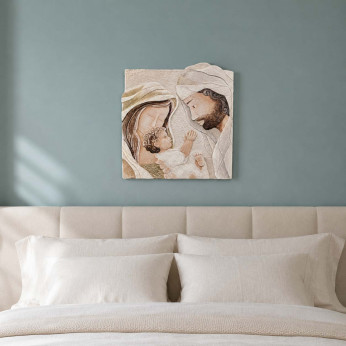 Cartapietra Capezzale sacra famiglia quadrato con bassorilievo dipinto a mano retro in legno Dono