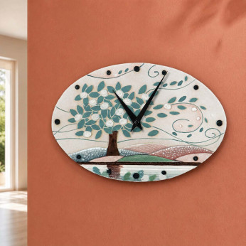 Cartapietra Orologio da parete ovale moderno con bassorilievo con retro in legno massello Foglie al Vento