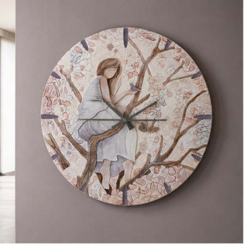 Cartapietra Orologio da parete rotondo con bassorilievo con retro in legno massello Ragazza sull'Albero
