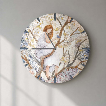 Cartapietra Orologio da parete rotondo con bassorilievo con retro in legno massello Ragazza sull'Albero