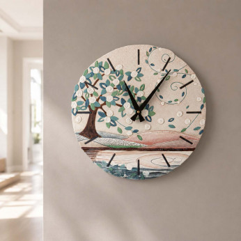 Cartapietra Orologio da parete rotondo piccolo con bassorilievo con retro in legno massello Foglie al Vento