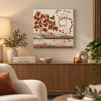 Cartapietra Quadretto moderno con bassorilievo dipinto a mano con retro in legno massello Foglie al Vento