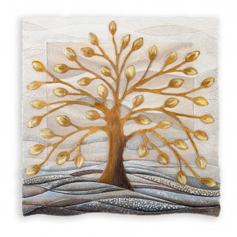 Cartapietra Quadro moderno Bassorilievo dipinto a mano con retro in legno massello Albero della Vita