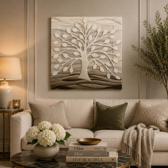 Cartapietra Quadro moderno Bassorilievo dipinto a mano con retro in legno massello Albero della Vita