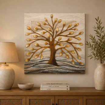 Cartapietra Quadro moderno Bassorilievo dipinto a mano con retro in legno massello Albero della Vita