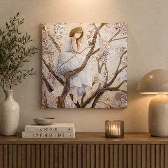 Cartapietra Quadro moderno con bassorilievo dipinto a mano con retro in legno massello Ragazza sull'Albero