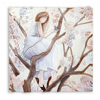 Cartapietra Quadro moderno con bassorilievo dipinto a mano con retro in legno massello Ragazza sull'Albero