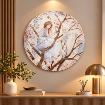 Cartapietra Quadro rotondo con bassorilievo dipinto a mano con retro in legno massello Ragazza sull'Albero