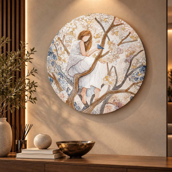 Cartapietra Quadro rotondo con bassorilievo dipinto a mano con retro in legno massello Ragazza sull'Albero