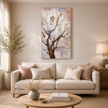 Cartapietra Quadro verticale con bassorilievo dipinto a mano con retro in legno massello Ragazza sull'Albero