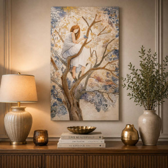 Cartapietra Quadro verticale con bassorilievo dipinto a mano con retro in legno massello Ragazza sull'Albero