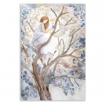 Cartapietra Quadro verticale con bassorilievo dipinto a mano con retro in legno massello Ragazza sull'Albero