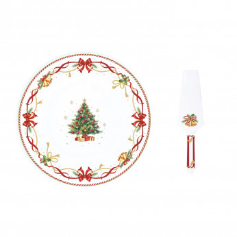 Easy Life Piatto torta con paletta in porcellana con decoro natalizio Christmas Tales