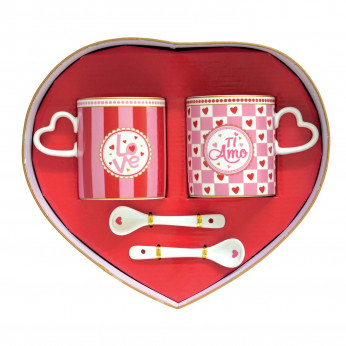Easy Life Set 2 tazze con manico, piattino con cuore e cucchiaini Cuoricini Colors