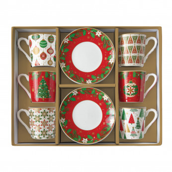 Easy Life Set 6 tazzine da caffè con piattini a tema natalizio Jingle Bells