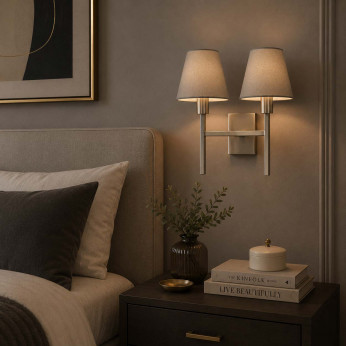Elstead Lighting Applique a parete moderna in acciaio con doppio paralume in tessuto Lucerne