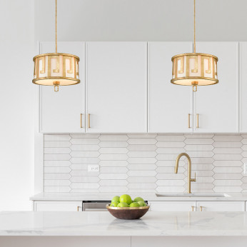 Elstead Lighting Lampada a sospensione moderna media struttura in acciaio e paralume in tessuto Lemuria